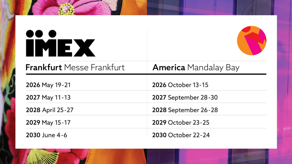 This is an infographic showing the show dates for IMEX Frankfurt and IMEX America through 2030. Infographic courtesy of IMEX.
