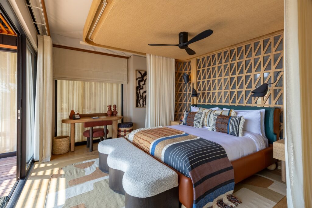 This image shows the bedroom of a Pool Villa at Anantara Kafue River Tented Camp, Zambia, opening April 2026. Photo courtesy of Minor Hotels.