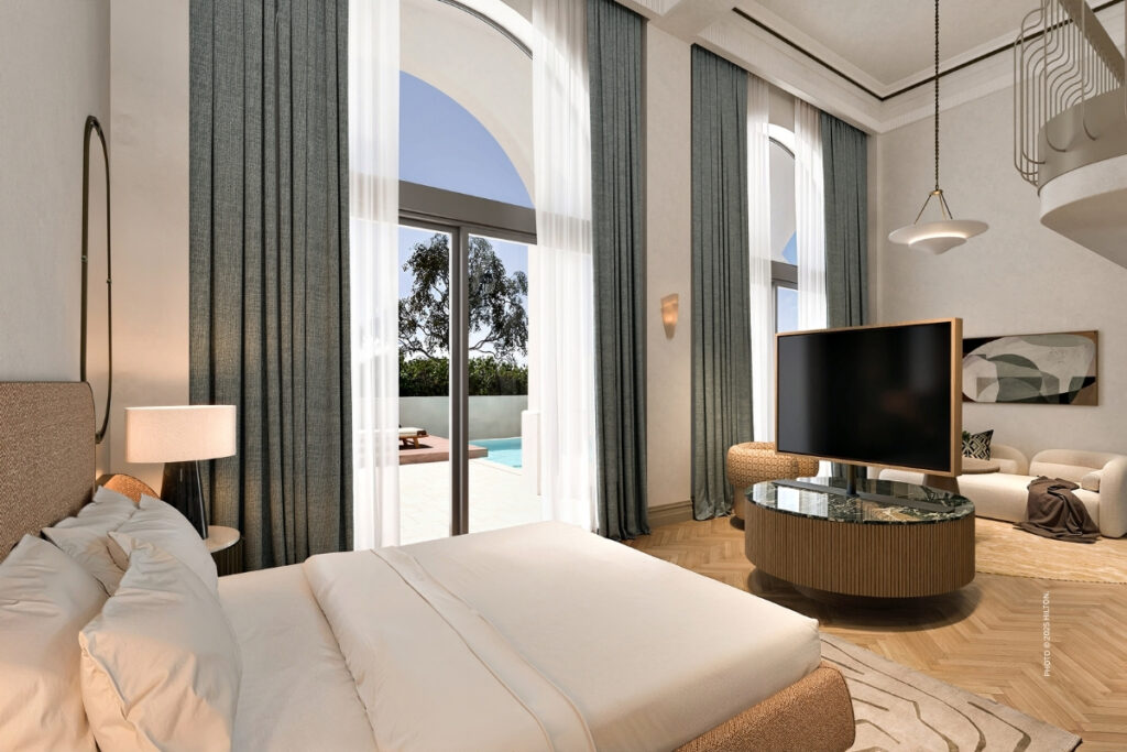 This is an image of a guestroom at Conrad Corfu (opening summer 2026). Photo © 2025 Hilton.