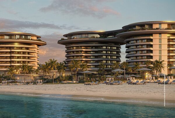 This image is a rendering of the exterior of The Dubai Beach EDITION, expected to open in 2029. Rendering courtesy of Marriott International.