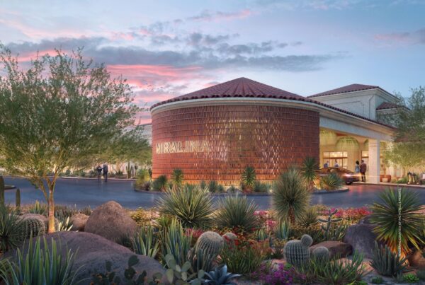 This image is a rendering of the entrance to Kimpton Miralina Resort & Villas, opening in Paradise Valley, Arizona in early 2026. Rendering courtesy of IHG Hotels & Resorts.
