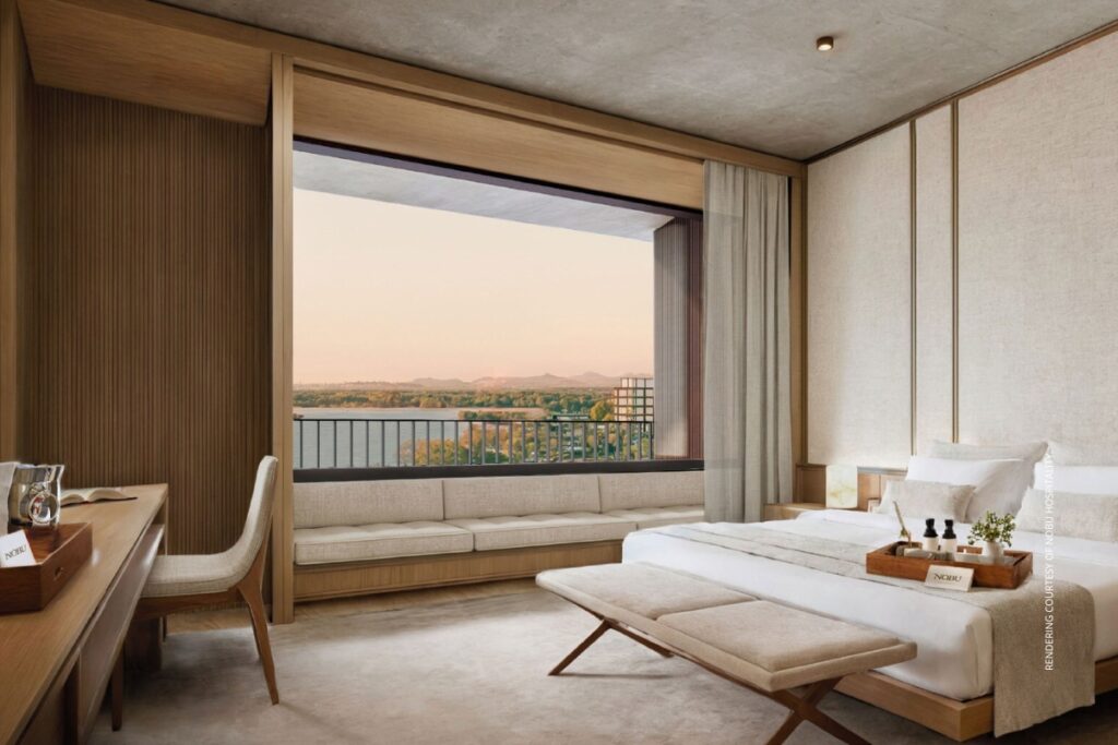 This image is a rendering of a bedroom at The Nobu Hotel & Restaurant Nashville, which is planned for the Oracle campus in the East Bank district. Rendering courtesy of Nobu Hospitality.