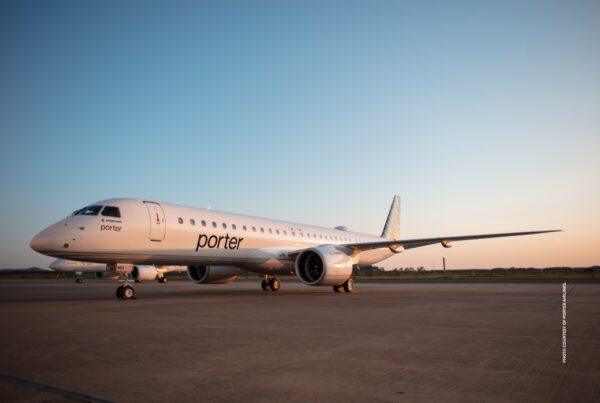This image shows a Porter Airlines' jet on the tarmac at dawn. Photo courtesy of Porter Airlines.