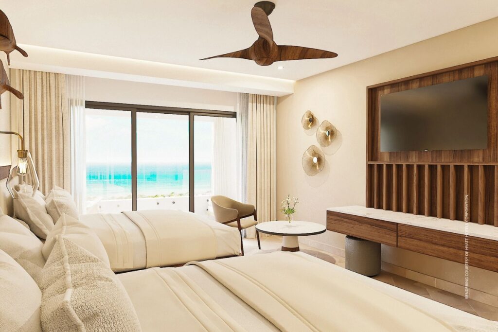 This image is rendering of the interior of a deluxe guestroom at Secrets Mirabel Cancun Resort & Spa. Rendering courtesy of Hyatt Hotels Corporation.