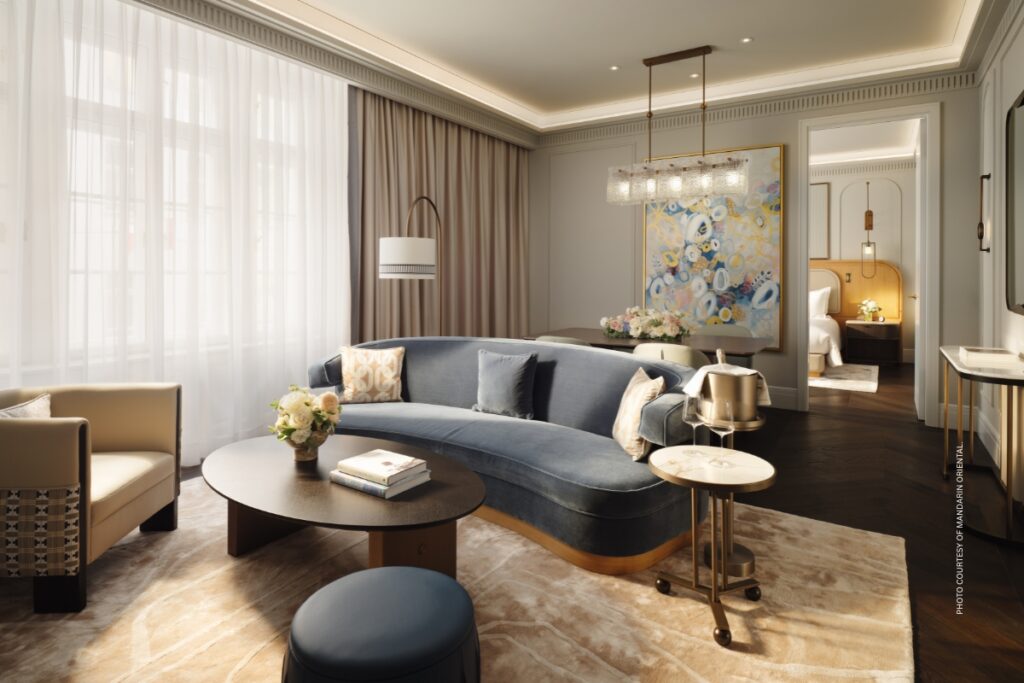 This image shows the living room of a Premier Suite, Mandarin Oriental, Vienna. Photo courtesy of Mandarin Oriental.