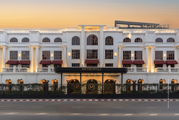 This is an image of the exterior of Metropole Bangkok, a Tribute Portfolio Hotel, at sunset. Photo courtesy of Marriott International.