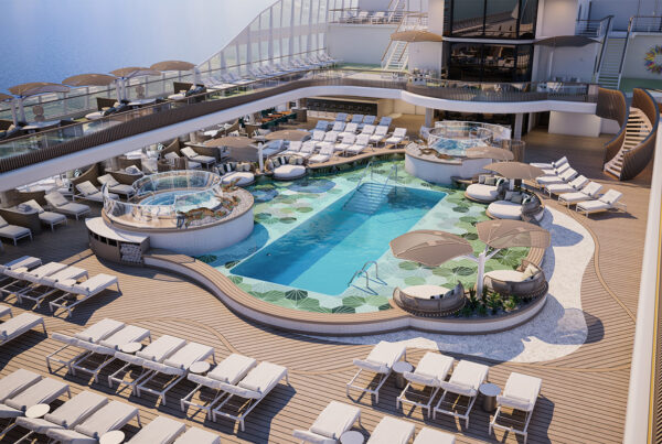 Oceania Cruises will launch its new Allura Class ship, Vista, in 2023. Image here show's an artist's rendering of the Vista's pool deck. Image courtesy of Oceania Cruises.