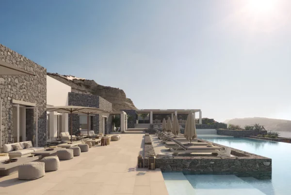 Luxury brand properties being added to Hyatt's portfolio in 2022 include the Magma Santorini Resort. This image show's the resorts pool deck. Photo courtesy of Hyatt.