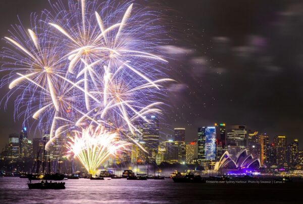 Australia reopens to fully-vaccinated international travelers. Image here shows the Sydney Opera House and Sydney skyline at night with fireworks going off in the background. Photo by Siwawut | Canva.