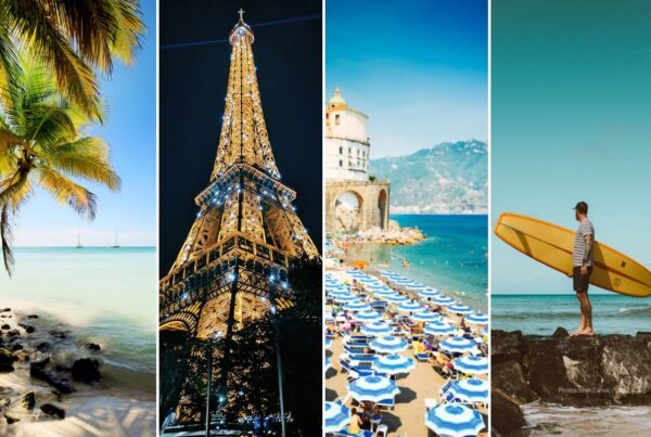Images shown here are all from Canva. (Left to right) Caribbean Sea by AlexandrMoroz; Eiffel Tower, Paris, by Rosivan Morais; Amalfi Coast, Italy by Anastasia Collection; and surfer in Hawaii by Jess Vide.