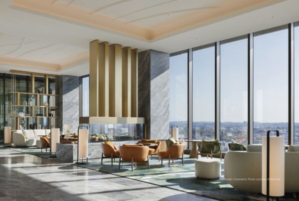The Westin Yokohama is now open. The image here shows part of the 23rd floor-lobby, which offers views of Mount Fuji. Photo courtesy of Marriott International