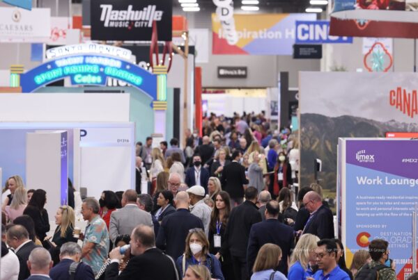 Education has been restructured for IMEX America 2022, which opened for registration in late June. Image here shows a crowded aisle at a previous edition of IMEX America. Photo is courtesy of IMEX Group.