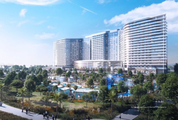 This image is a rendering of the exterior of the Gaylord Pacific Resort and Convention Center currently under construction in Chula Vista, Caliifornia. Rendering is courtesy of Marriott International.