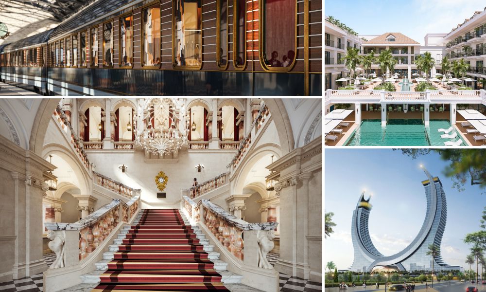 GME 2022: This is a collage image of four Accor properties. (clockwise from bottom left) Raffles London at The OWO; Orient Express train; Sofitel Legend Casco Viejo Panama; and Raffles &amp; Fairmont Doha, Qatar. All photos courtesy of Accor. 