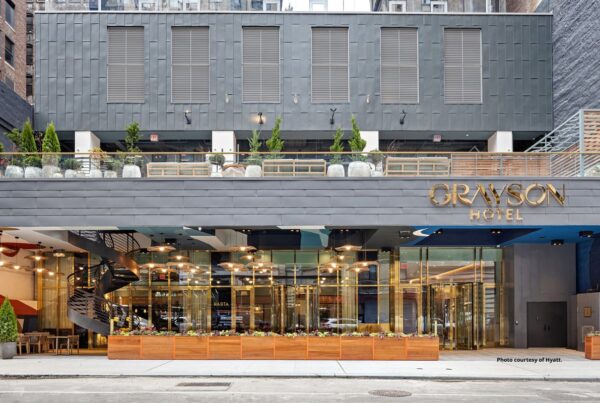 Grayson Hotel NYC. THis image shows the exterior of the ground floor of the hotel, which is located in Midtown Manhattan. Photo is courtesy of Hyatt.