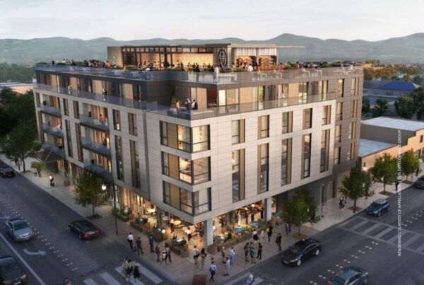 Appellation Petaluma is a five-storey, 93-room opening in Petaluma, California in 2026. This image is a rendering of the exterior of the building. Image courtesy of Appellation Hotels and EKN Development Group.