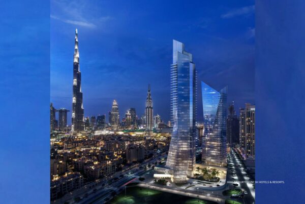 Baccarat Hotel & Residences Dubai. This is a rendering of the twin-tower property, which will feature glass facades. Rendering courtesy of SH Hotels & Resorts.