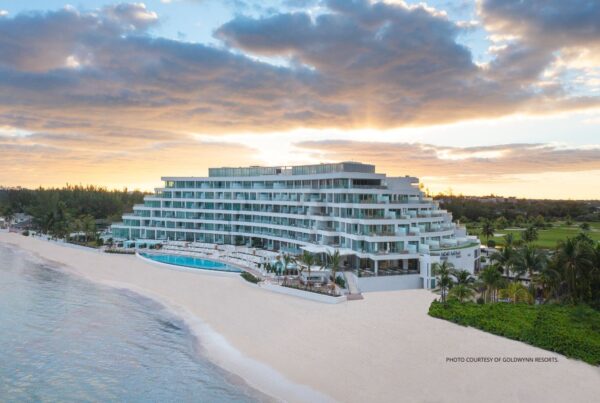 Goldwynn Resort & Residences opened in early 2023 on Cable Beach, Nassau, The Bahamas. This is an image of the beach and the exterior of the property. Photo courtesy of Wynn Hospitality, LTD.