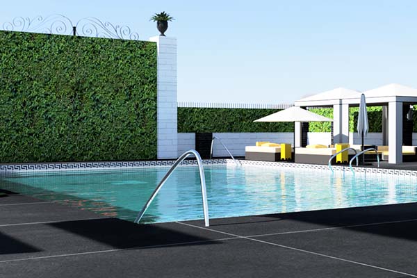 Cannabis-friendly property, The Lexi, opening in Las Vegas this spring. This is a rendering of the hotel's pool area with a grass wall in the background. Rendering courtesy of The Lexi.