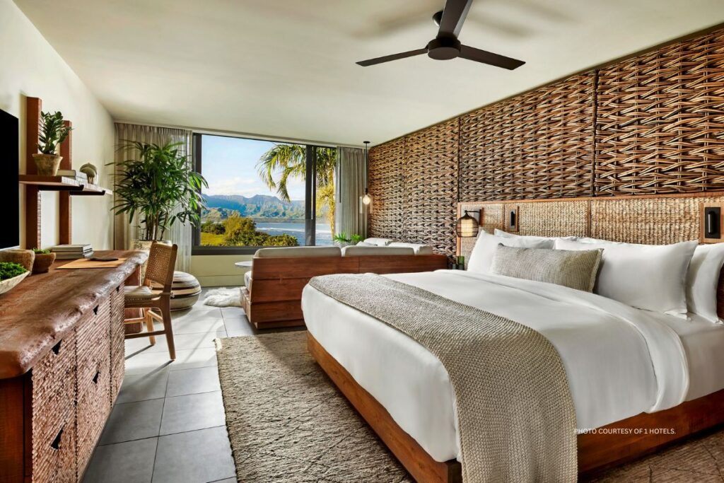 This is an image of a guestroom, 1 Hanalei Bay, Kauai, Hawaii. Photo courtesy of 1 Hotels.