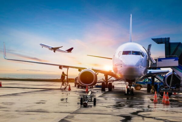 A new coalition of business and local leaders are advocating for enhancements to air travel at Toronto Pearson and other Canadian airports. This stock image shows an airplane at an airport gate, and another airplane taking off. Photo by guvendemir | Canva.