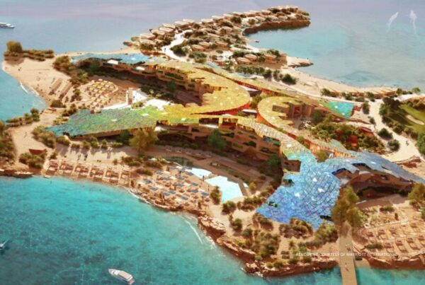 This is a rendering of Marriott's planned Luxury Collection Beach Resort on Sindalah, an island in Saudi Arabia's innovative NEOM development. Rendering courtesy of Marriott International.