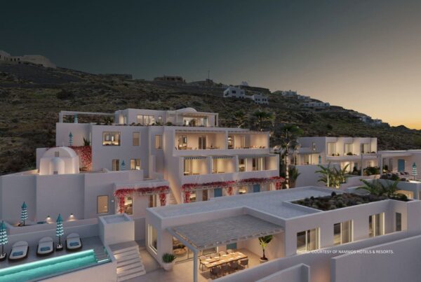 Nammos Hotel Mykonos will open this summer. It is the first property of the new Nammos Hotels & Resorts brand. This image shows the Mykonos property at night. Photo courtesy of Nammos Hotels & Resorts.