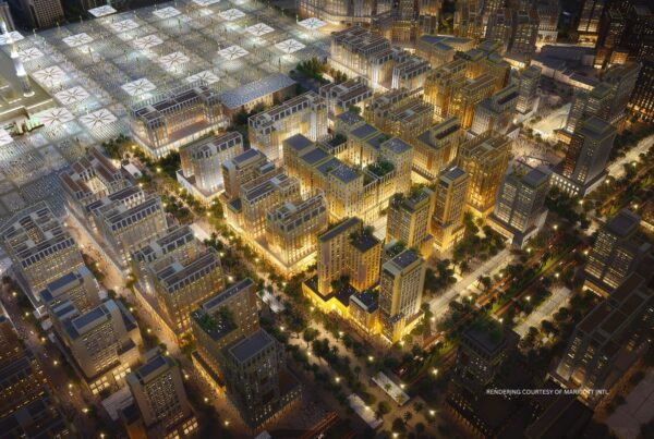 This image is a rendering of the Rua Al Madinah Project, Holy City of Madinah, Saudi Arabia. Rendering courtesy of Marriott International.