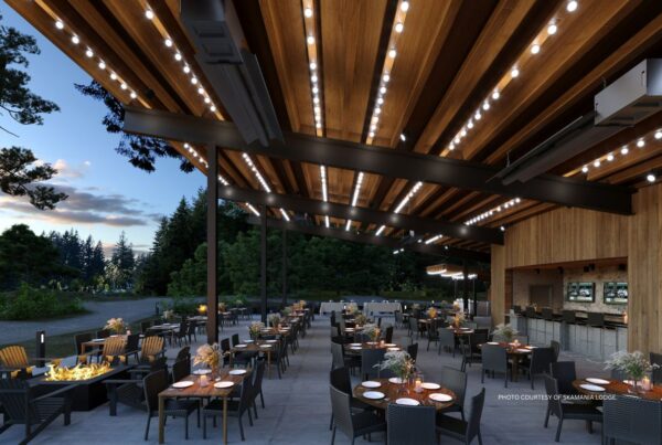 Skamania Lodge has opened a new outdoor pavilion called Moonlight Pavilion. It accommodates up to 180 people. This image shows the Pavilion set for a meal at dusk. Photo courtesy of Skamania Lodge.