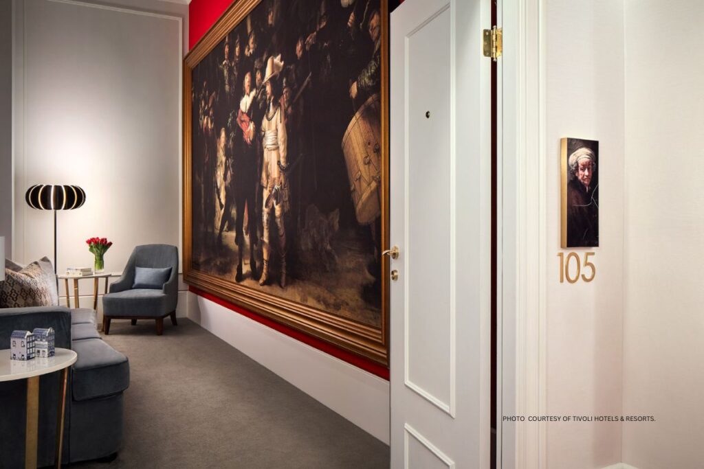 Tivoli Doelen Amsterdam Hotel, which opened March 2023, has 81 guestrooms and suites. This image shows a replica of Rembrandt's The Night Watch in the hotel's Rembrandt Suite. Photo courtesy of Tivoli Hotels & Resorts.