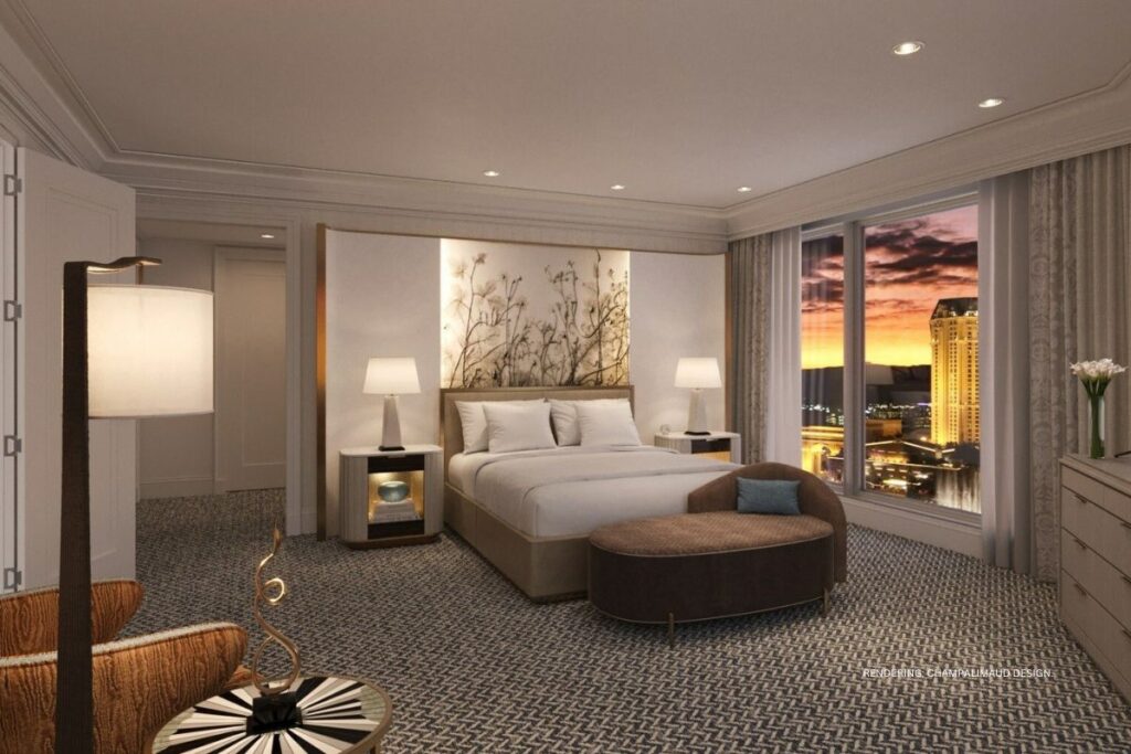 The Spa Tower at Bellagio, Las Vegas, is undergoing a $110 million reno. This is a rendering of the reimagined suite bedroom. Photo courtesy of Champalimaud Design.