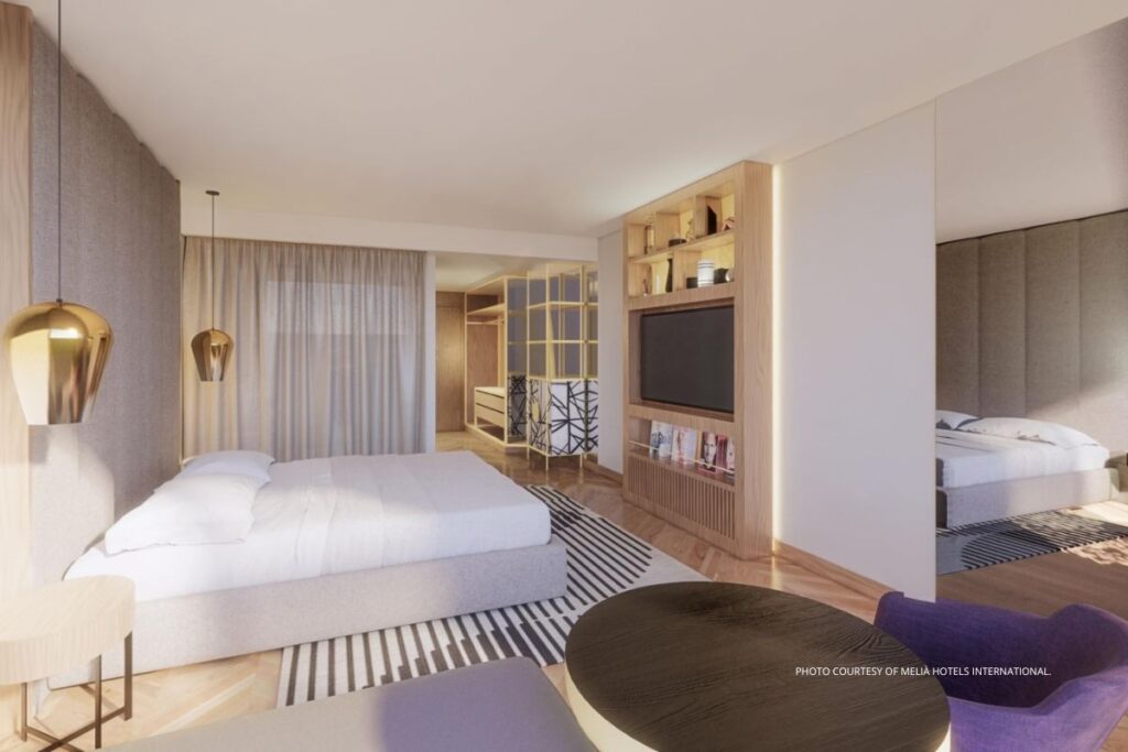ME Lisbon is slated to open in 2024. This image is a rendering of a guestroom at the new-build property. Photo courtesy of Meliá Hotels International.