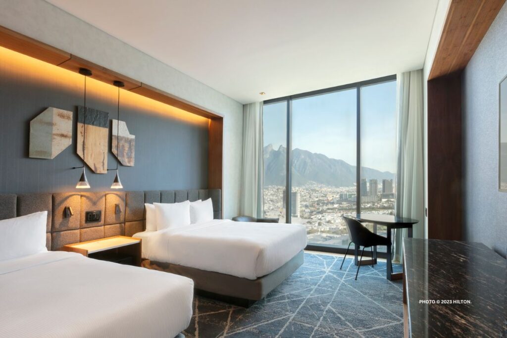 Hilton Monterrey opened March 2023. This is an image of a double guestroom (Cerro de la Silla). Photo © 2023.