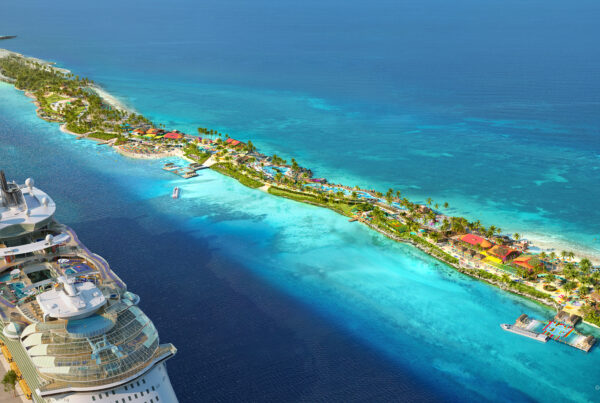 This is an aerial view rendering of The Royal Beach Club at Paradise Island, The Bahamas. Image by Genesis Studios MG.