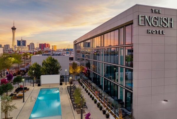 The English Hotel in Las Vegas is offering buyouts for two major sporting events, the 2023 Formula 1 Las Vegas Grand Prix and Super Bowl LVIII. This image shows the exterior of The English Hotel and its pool area. Photo courtesy of The English Hotel.