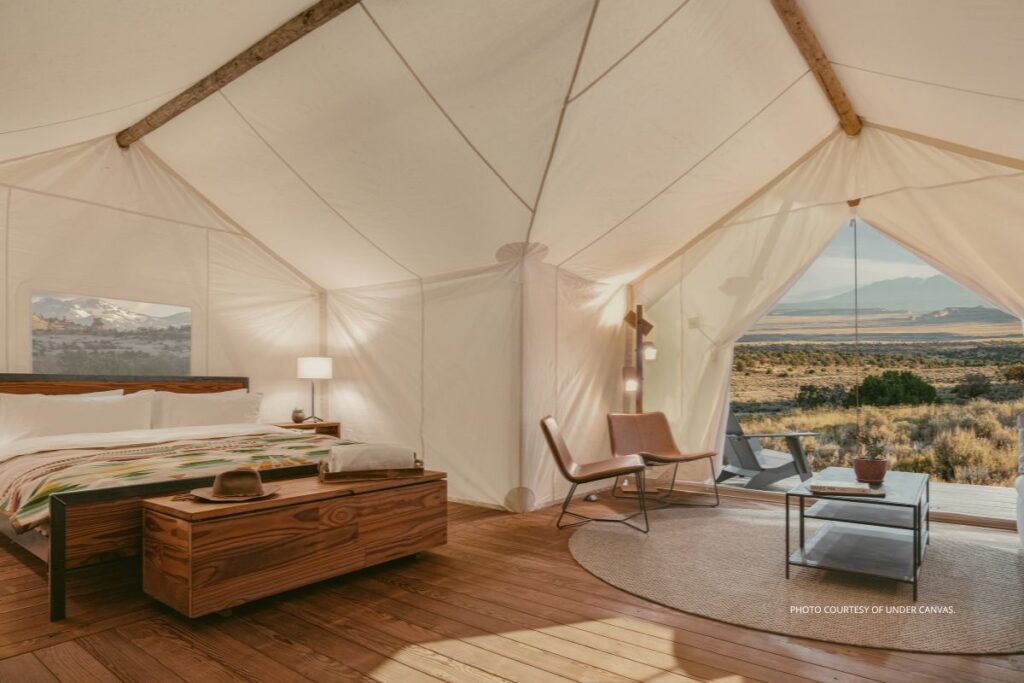 Bedroom, Tent Suite, ULUM Moab. Photo courtesy of Under Canvas.