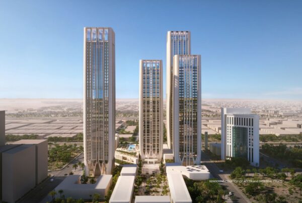 Erth Real Estate Company's new development in Riyadh's Al Yasmin District. Raffles and Sofitel will reside within the 34-storey and 42-storey towers. Rendering courtesy of Erth Real Estate / Accor.