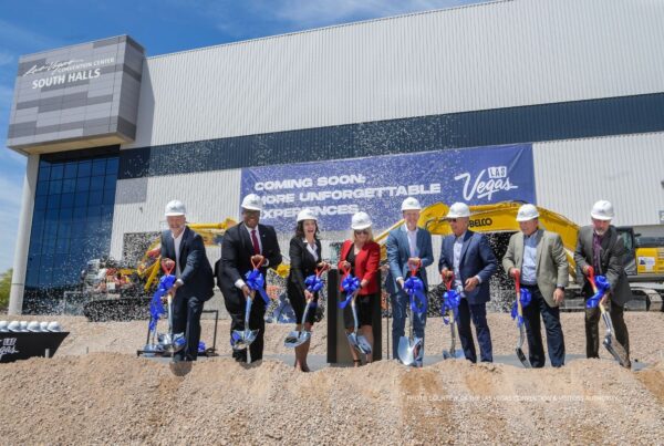 Renovation of the Las Vegas Convention Center's West Hall is now underway. This image shows representatives from key stakeholders at the renovation's ceremonial groundbreaking on May 9, 2023. Photo courtesy of the Las Vegas Convention & Visitors Authority.