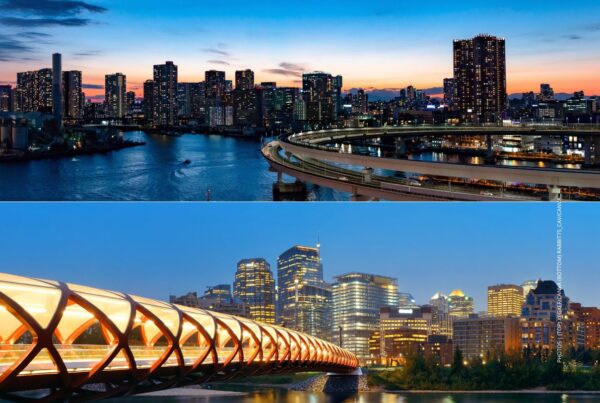 These are stock photo images of the cityscape of Tokyo (top) and Calgary (bottom). Photos - (top) Tokyo cityscape by xegxef | Canva. (bottom) Calgary cityscape by rabbit75_cav | Canva.