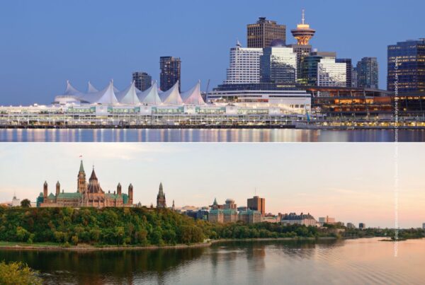 Porter Airlines will begin a new service connecting Ottawa and Vancouver on July 26, 2023. The images here are of the Vancouver skyline (top) and Ottawa skyline (bottom). Photos are by S. Greg Panosian | Canva (top) and rabbit75_cav | Canva (bottom).