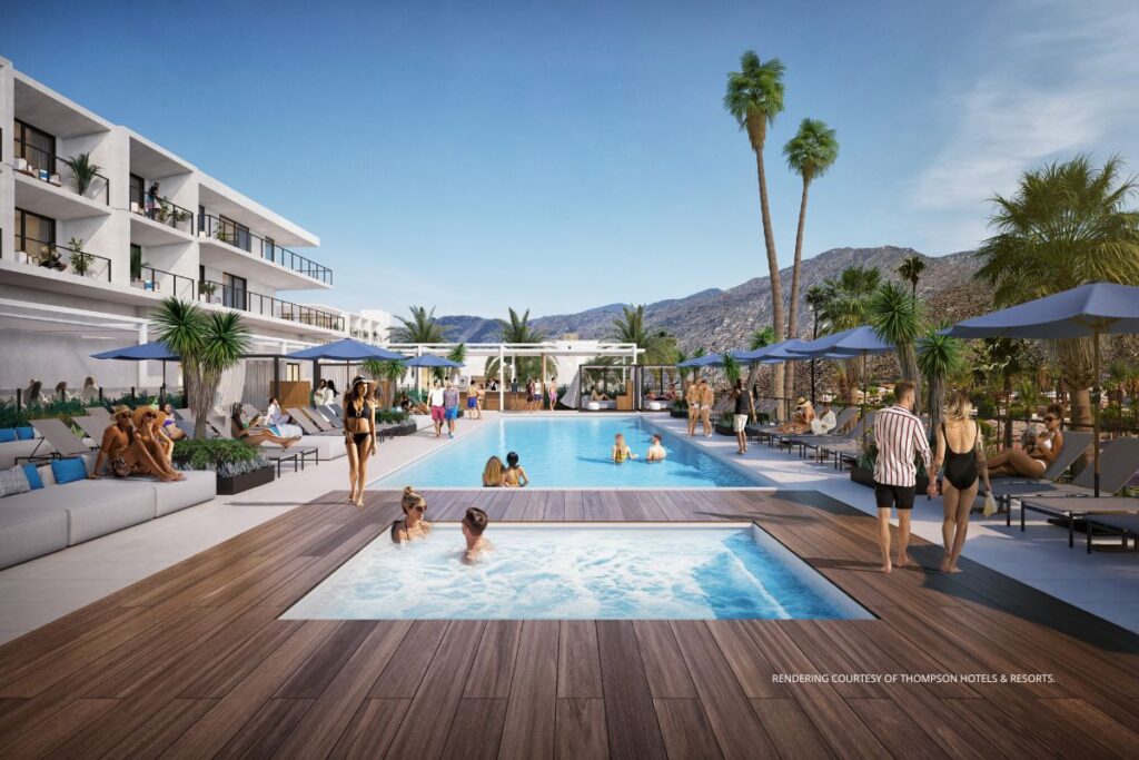 This is a rendering of the poolscape at Thompson Palm Springs, opening in late 2023. Rendering is courtesy of Hyatt Hotels Corporation.