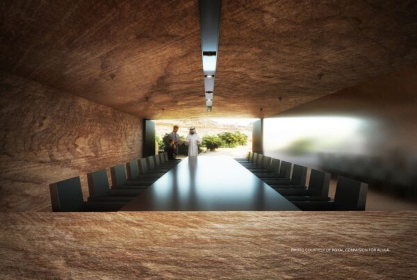 Sharaan Resort and International Summit Centre are now under construction in the mountains of northwestern Saudi Arabia. This image shows a planned meeting space in the International Summit Centre. Photo courtesy of RCU.