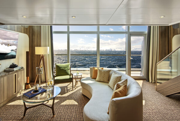 Seabourn Pursuit is launching this summer (2023). It offers 12 categories of suites. This is an image of the livingroom in the two-storey Wintergarden suite. Photo courtesy of Seabourn.
