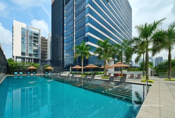 Aloft Singapore Novena opened September 22, 2023. This is an image of the hotel's swimming pool with its two towers in the background. Photo courtesy of Marriott International.