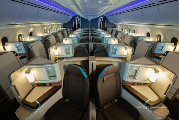 Hawaiian Airlines will begin service with its new Dreamliner 787 in spring 2024. This is an image of the Leihōkū Suites available on the aircraft. Photo courtesy of Hawaiian Airlines.