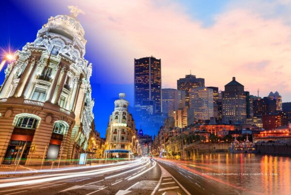 Air Canada is increasing its European service in 2024. Additions include a new year-round service between Montreal and Madrid. This is a blended image of photos of Madrid (left) and Montreal cityscapes. Madrid photo is by SeanPavonePhoto Canva. Montreal photo is by rabbit75_ist | Canva.