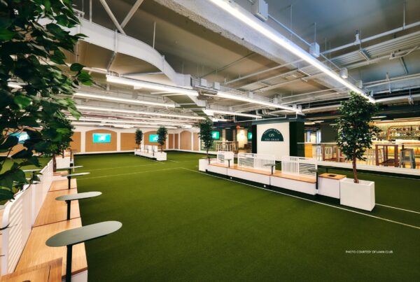 This image shows the "lawns" at Lawn Club NYC, a new leisure venue in the city's Seaport district. Photo is courtesy of Lawn Club | Endorphin Ventures.