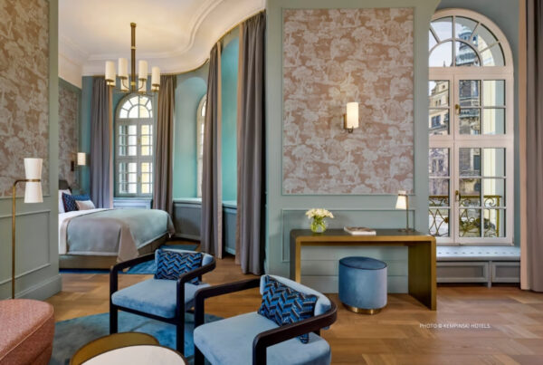 This is an image of a reimagined Junior Suite at Hotel Taschenbergpalais Kempinski Dresden, which reopened in February 2024 following a year-long renovation. Photo © Kempinski Hotels.