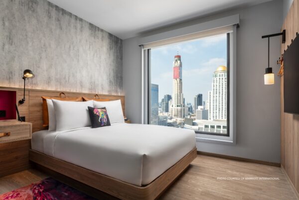 This is an image of a guestroom at Moxy Bangkok Ratchaprasong, which opened in February in Bangkok, Thailand. Photo courtesy of Marriott International