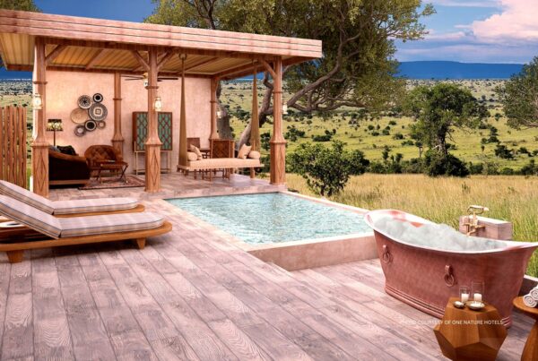 This is an image of the pool deck on a One Bedroom Luxury Villa at One Nature Mara River Lodge, Northern Serengeti National Park, Tanzania. Opening June 2024. Photo courtesy of One Nature Hotels.